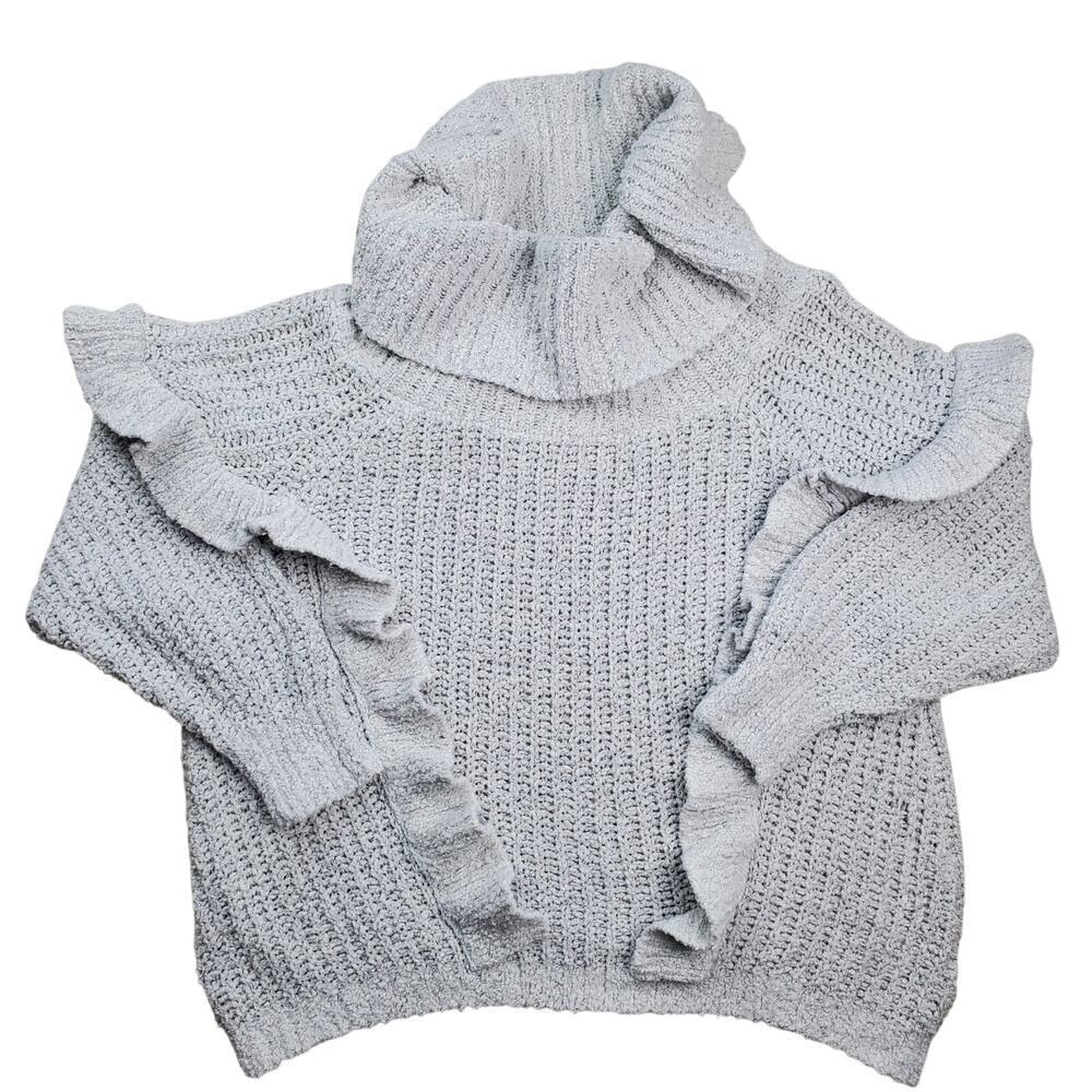 EXPRESS Light Grey Cowl Neck Ruffled Sweater - Picture 1 of 10